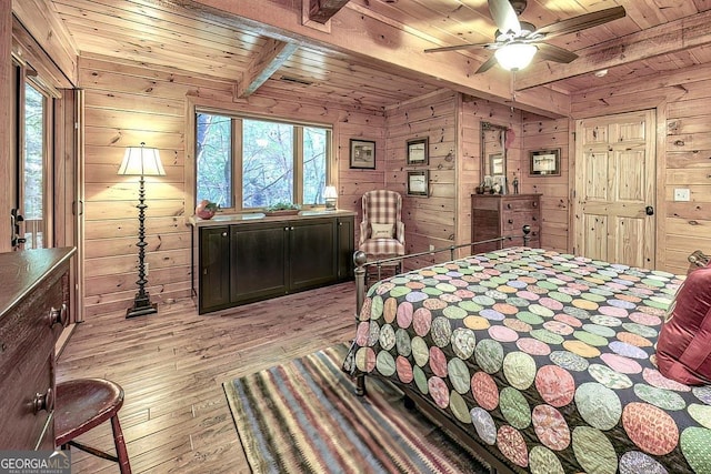 bedroom with beam ceiling, wood walls, wooden ceiling, and light wood-style flooring