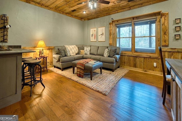 living area featuring hardwood / wood-style floors, wood walls, wainscoting, and wood ceiling