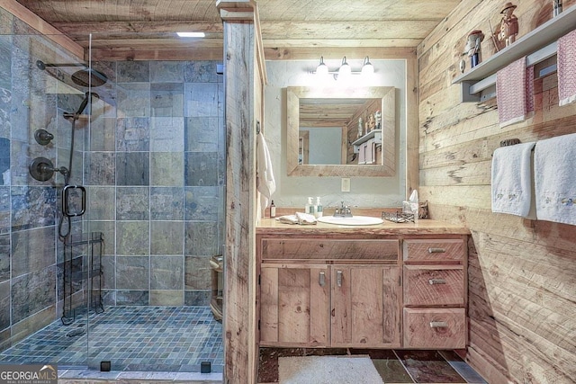 full bathroom featuring wooden ceiling, a stall shower, and vanity