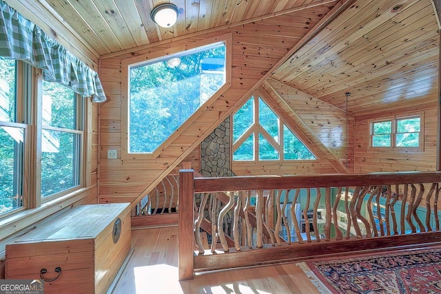 room details with wood walls, wood ceiling, and hardwood / wood-style flooring