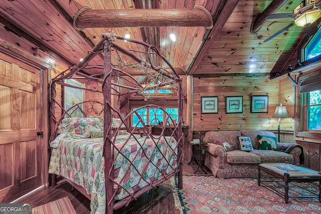 bedroom featuring wooden ceiling, wooden walls, lofted ceiling with beams, and hardwood / wood-style floors