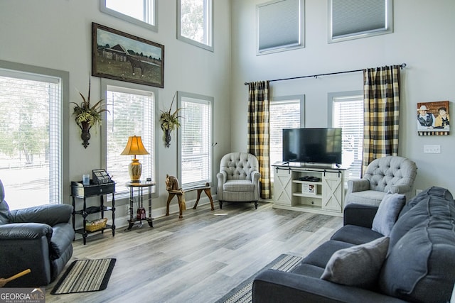 living room featuring light wood-type flooring and a high ceiling