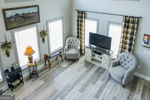 living area with light hardwood / wood-style flooring