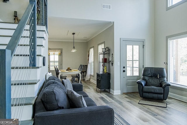 living room featuring plenty of natural light, light hardwood / wood-style floors, and ornamental molding