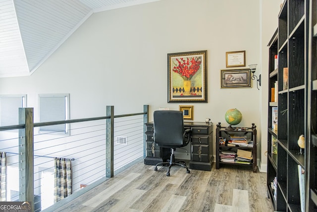 office area with wooden ceiling, wood-type flooring, and lofted ceiling