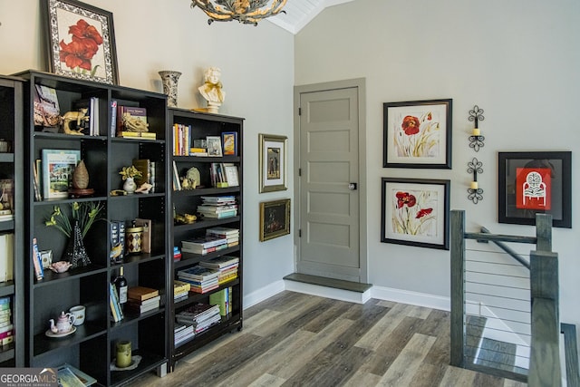 miscellaneous room featuring hardwood / wood-style floors and vaulted ceiling