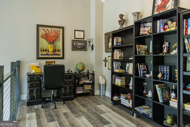 home office with hardwood / wood-style flooring