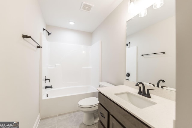 full bath featuring visible vents, toilet, shower / tub combination, tile patterned floors, and vanity