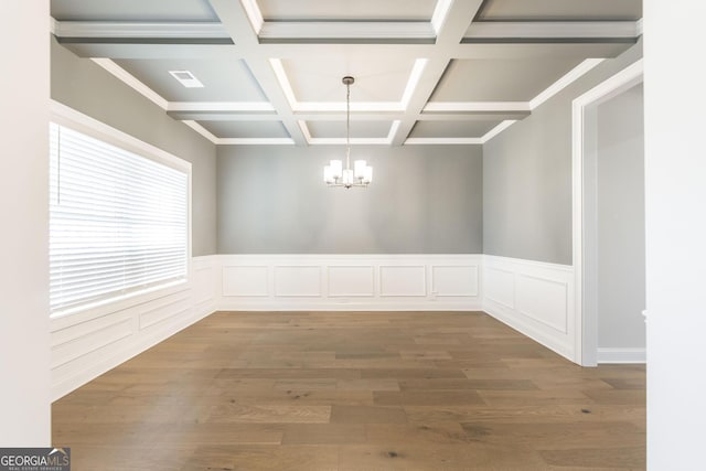 unfurnished dining area featuring a wainscoted wall, coffered ceiling, wood finished floors, beam ceiling, and an inviting chandelier