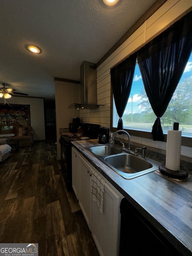 kitchen featuring decorative backsplash, wall chimney exhaust hood, black appliances, dark hardwood / wood-style floors, and sink