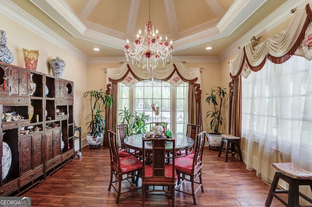 dining area with ornamental molding, a chandelier, a tray ceiling, and dark wood-type flooring