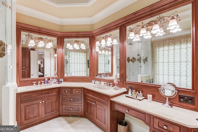 bathroom featuring crown molding, vanity, and tile patterned floors