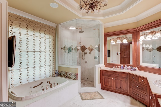 bathroom with crown molding, independent shower and bath, vanity, and tile patterned floors