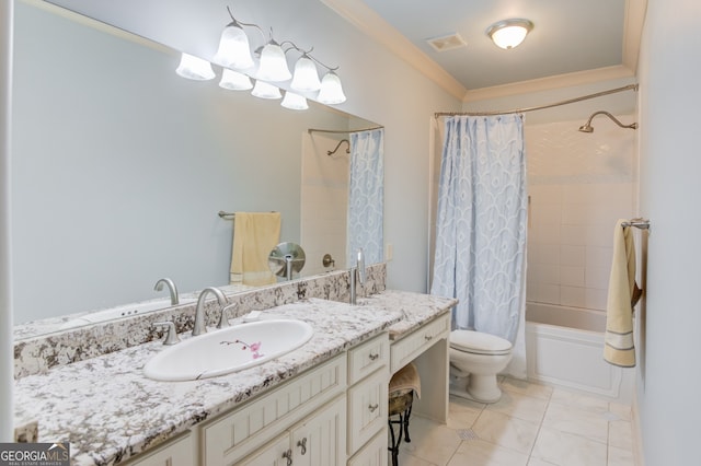 full bathroom with shower / tub combo, vanity, toilet, and tile patterned floors