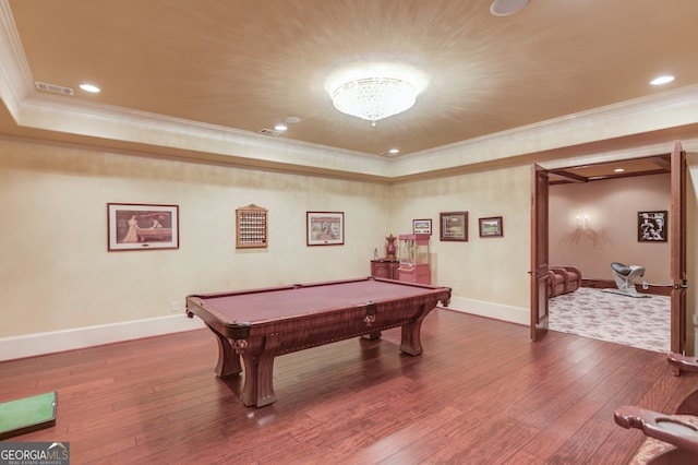 game room featuring pool table, crown molding, and hardwood / wood-style floors