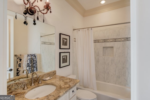 full bathroom with ornamental molding, vanity, toilet, and shower / bathtub combination with curtain