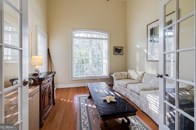 living room with french doors and hardwood / wood-style floors