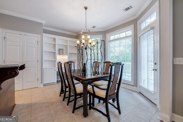 tiled dining room with crown molding and an inviting chandelier