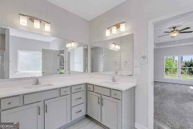 bathroom with vanity and ceiling fan