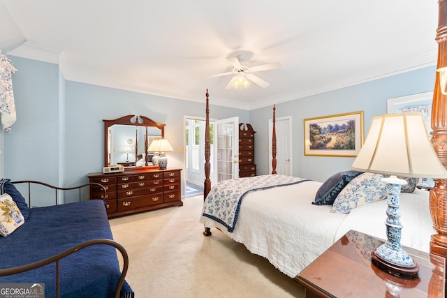 bedroom with ceiling fan, ornamental molding, a closet, light colored carpet, and ensuite bathroom