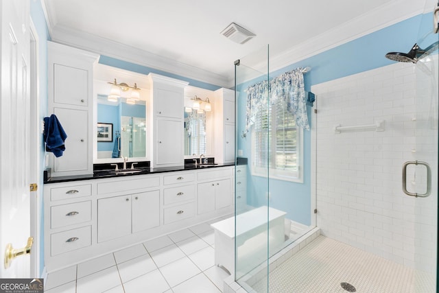 bathroom with tile patterned flooring, an enclosed shower, vanity, and crown molding