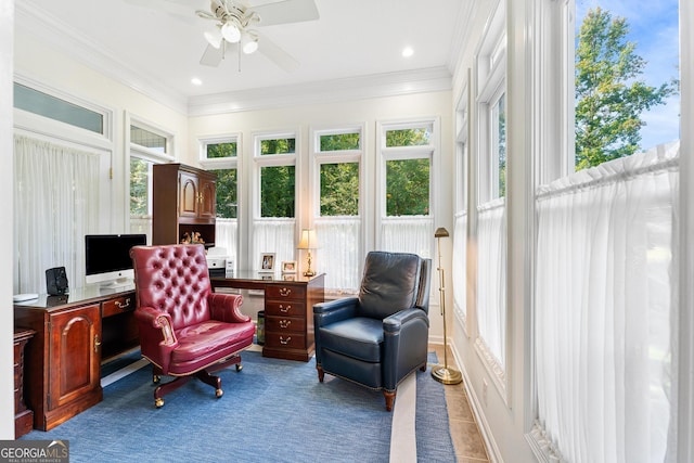 interior space with tile patterned flooring, ornamental molding, and ceiling fan