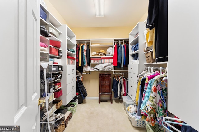 spacious closet featuring light colored carpet