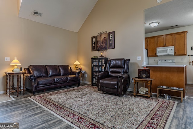 living room with a textured ceiling, dark hardwood / wood-style floors, and high vaulted ceiling