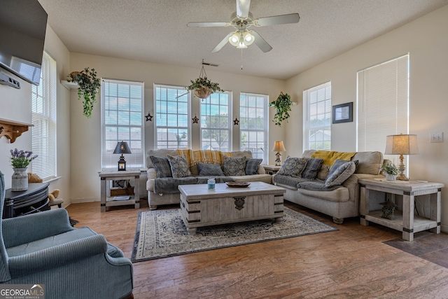 living room featuring a wealth of natural light, ceiling fan, hardwood / wood-style floors, and a textured ceiling