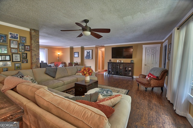 living room featuring ornamental molding, ceiling fan, dark hardwood / wood-style floors, and a textured ceiling