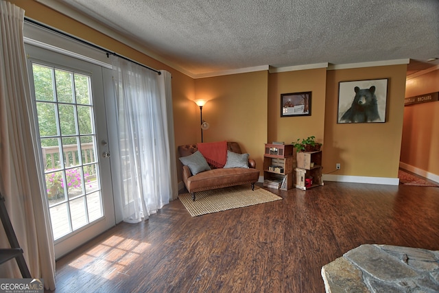 sitting room featuring a textured ceiling, crown molding, and dark hardwood / wood-style flooring