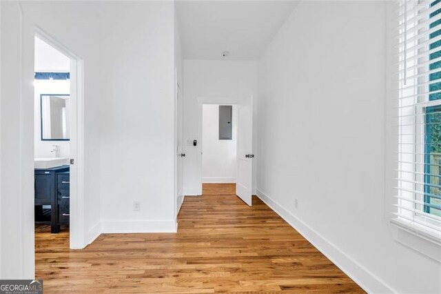 interior space with electric panel, light wood-type flooring, and sink