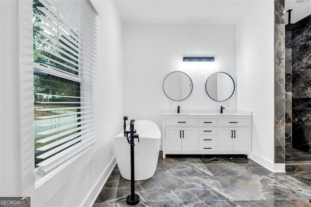 bathroom featuring vanity, a healthy amount of sunlight, and separate shower and tub