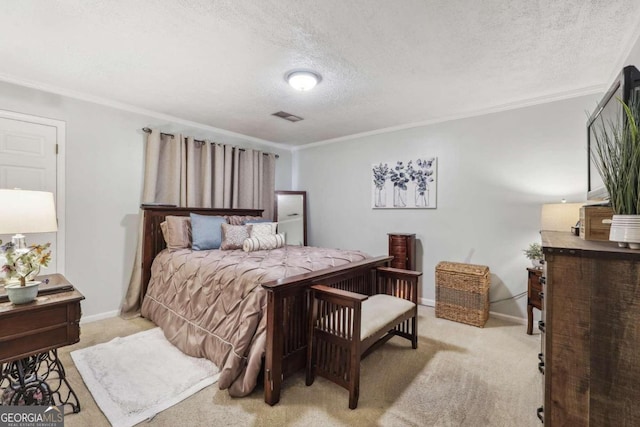 carpeted bedroom with a textured ceiling and crown molding