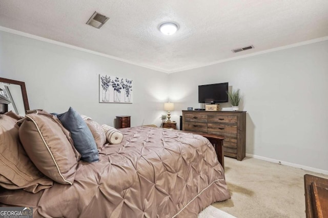 bedroom featuring a textured ceiling, light colored carpet, and crown molding