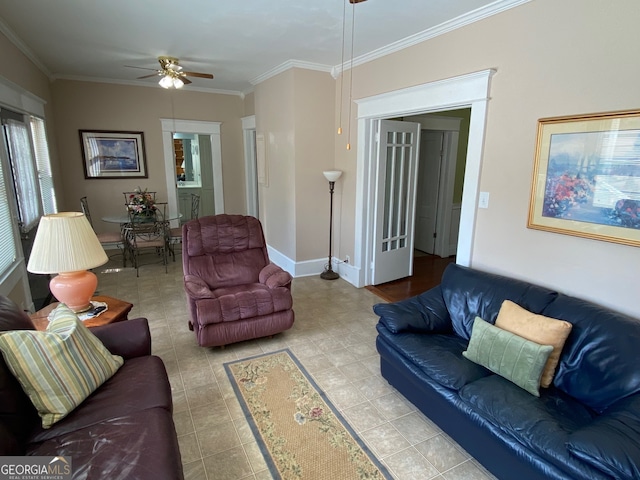 living room featuring crown molding and ceiling fan