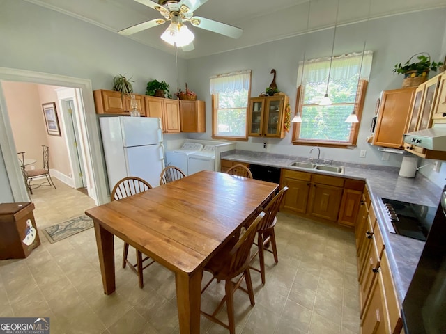 kitchen featuring ceiling fan, sink, washing machine and clothes dryer, black electric cooktop, and white fridge