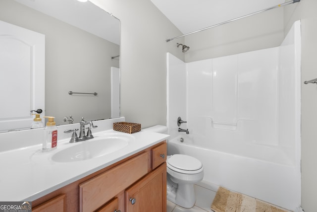 full bathroom with vanity, bathing tub / shower combination, toilet, and tile patterned floors