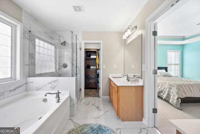 bathroom featuring vanity, a healthy amount of sunlight, and independent shower and bath