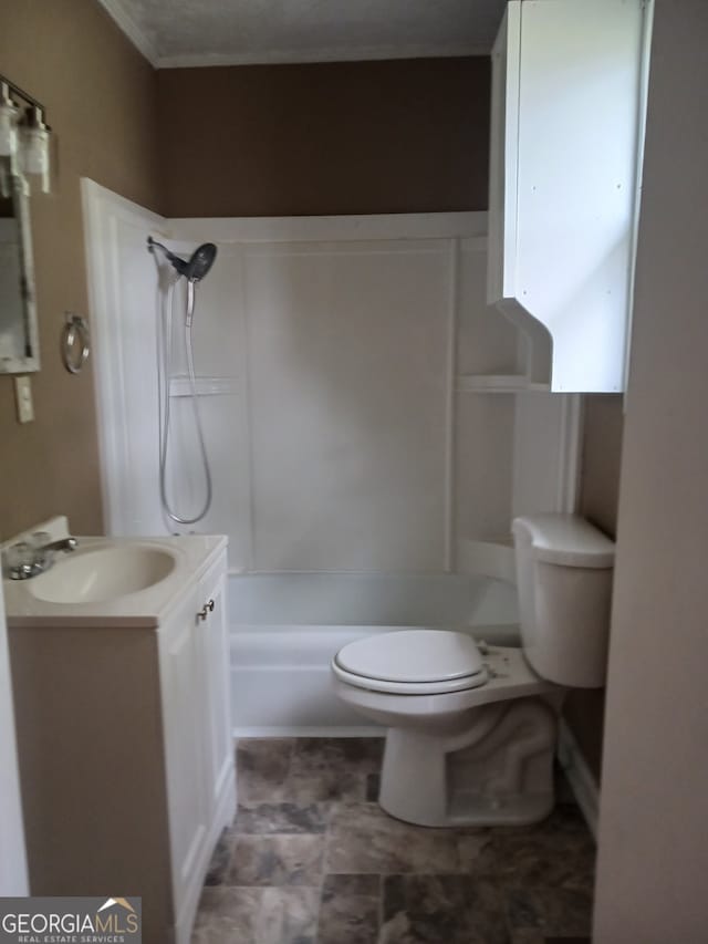 full bathroom with shower / tub combination, vanity, and toilet