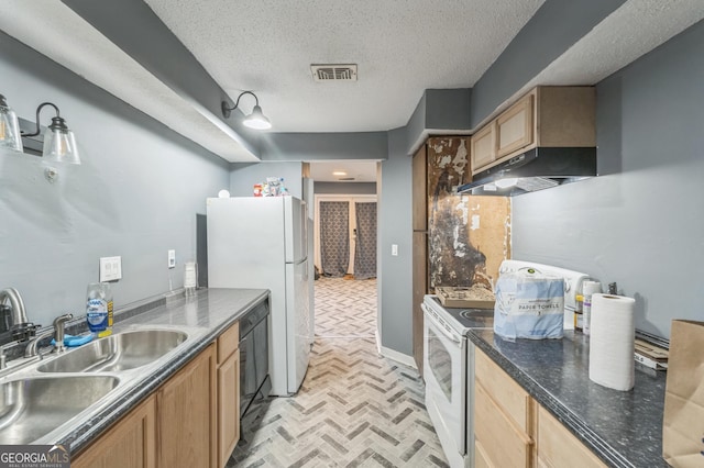 kitchen with electric stove, a textured ceiling, and sink