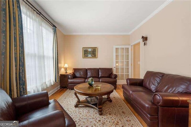 living room with crown molding and light hardwood / wood-style flooring