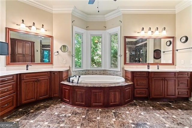 bathroom with ceiling fan, shower with separate bathtub, vanity, and crown molding