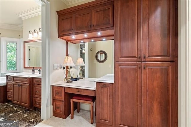 bathroom featuring ornamental molding and vanity