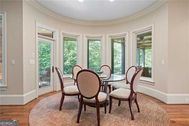 dining space featuring light hardwood / wood-style flooring and crown molding