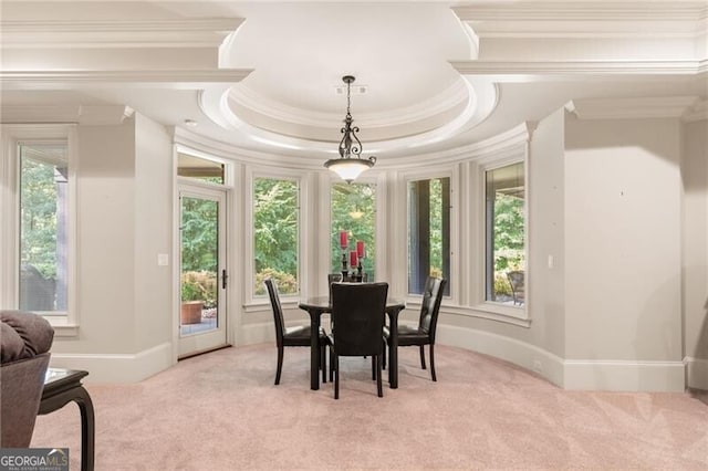 dining area featuring light colored carpet, a raised ceiling, and crown molding