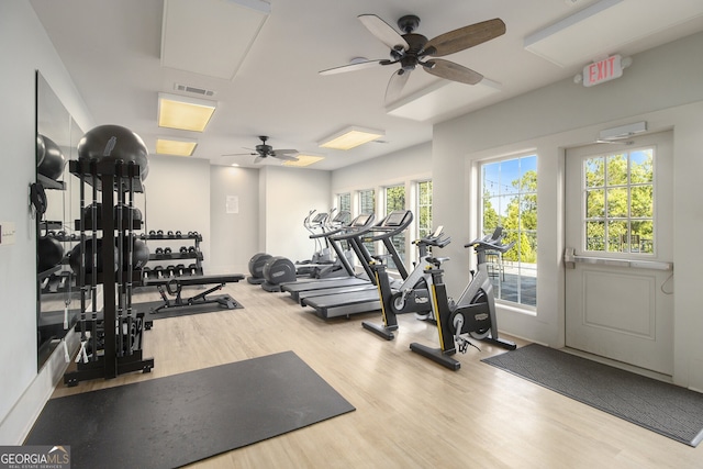 exercise room with hardwood / wood-style floors, ceiling fan, and a healthy amount of sunlight