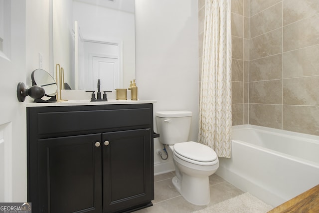 full bathroom with tile patterned flooring, vanity, toilet, and shower / bathtub combination with curtain