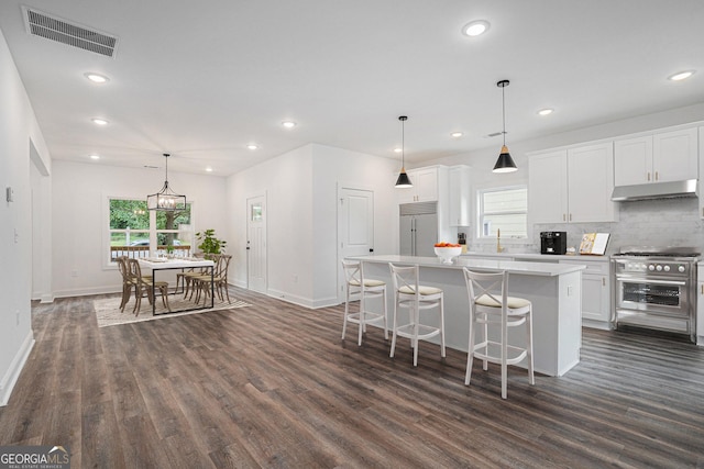 kitchen featuring white cabinetry, premium appliances, a center island, and pendant lighting