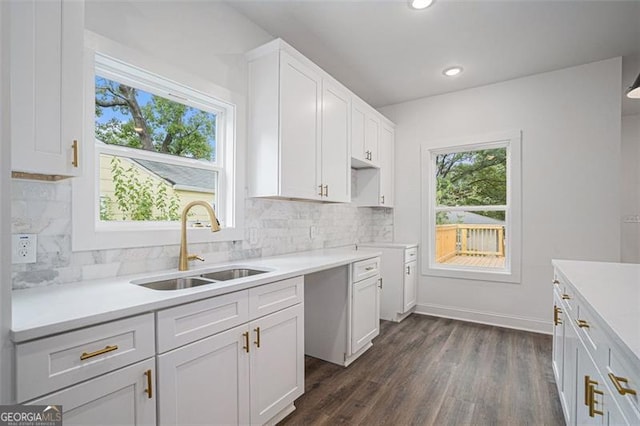 kitchen with sink, dark hardwood / wood-style flooring, white cabinetry, and tasteful backsplash